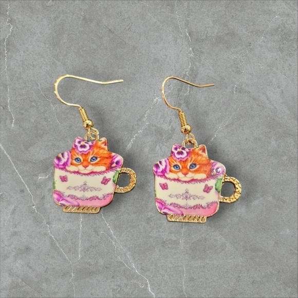 Blossom Boutique Jewelry - Gold and Pink Cat Teacup Earrings with Festive Sprinkles